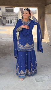 Nuevo diseñador bohemio Casual Chinon Sharara traje pesado elástico bordado trabajo lindo sólido puntada completa secuencia bordado - Product Image 4