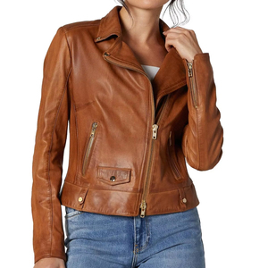 Nueva y elegante chaqueta de cuero de color sólido para mujer Ropa informal de cuero genuino de la mejor calidad Longitud larga Talla XL - Product Image 1