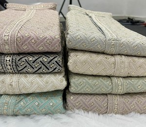 Les deux côtés broderie séquence travail Eid & Ramzan mois spécial taille libre à la mode Kurta & bas ensemble Boutique finition couture - Product Image 6