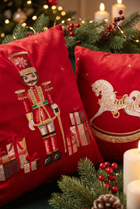 <b>Red</b> Velvet Embroidered Rocking Horse Candy Customizable Square European American Style <b>Throw</b> Pillow Washable Removable Cover - Product Image 2