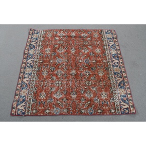 Turkish Vintage Rug 3,7x3,7 ft, <b>Red</b> Abstract <b>Wool</b> Rug - Product Image 1