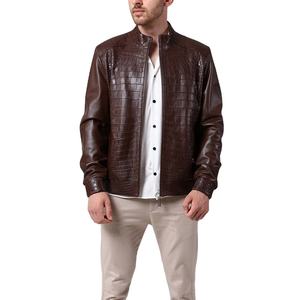 Brownish <b>red</b> Cow Skin for Textured Leather <b>Jacket</b> Crew Neck High-End Unisex <b>Waterproof</b> Canvas Winter <b>Jacket</b> - Product Image 2