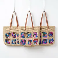 Sac fourre-tout bohème pour femme en crochet fait main avec broderie à motifs géométriques, ouverture supérieure, style décontracté de plage, deux poignées