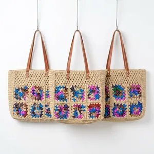 Bolso Tote Bohemio de Mujer Hecho a Mano con Ganchillo, Patrón Geométrico Bordado, Estilo Casual de Playa con Dos Asas - Product Image 5