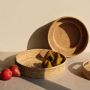 Handmade Decorative Rattan Jute <b>Serving</b> <b>Tray</b> With Bone Inlay Finishing Set of 3 <b>Rounded</b> Shape Food Server <b>Tray</b> - Product Image 6