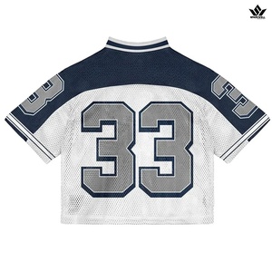 เสื้อฟุตบอลอเมริกันสีขาวแบบกำหนดเองสำหรับผู้ชายหมายเลข 74 คอวีแขนสั้นผ้าตาข่ายระบายอากาศได้ชุดกีฬาทีมลายทางสีน้ำเงินสีแดง - Product Image 3