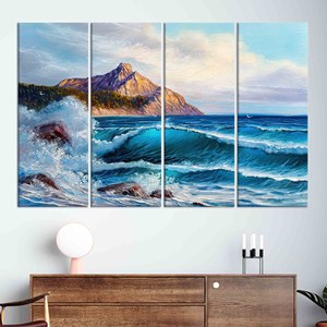 Art mural en verre Seascape : toile imprimée avec des vagues bleues de l'océan, décoration côtière, ensemble de 4 toiles - Product Image 1