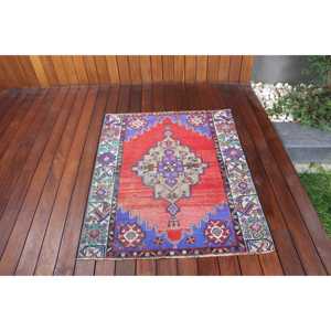 3x3.7 ft Rug, Turkish Vintage Rug, <b>Red</b> Ikat <b>Wool</b> Rug - Product Image 1