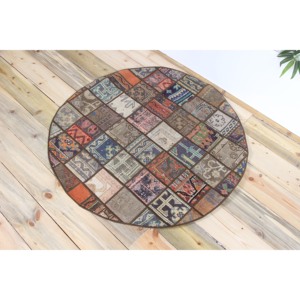 Vintage Turkish Rug, 3.4x3.4 ft Patchwork Rug, <b>Brown</b> Floral <b>Wool</b> Rug - Product Image 2