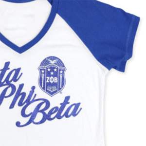 ZPB Camiseta con cuello en V-Blanco 100% Algodón Zeta Phi Beta Camisa con estampado de purpurina Letras griegas y escudo Ropa de hermandad de mujeres - Product Image 5