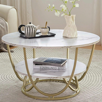 Table basse ronde moderne de 30 pouces avec rangement, plateau en bois imprimé marbre blanc, structure en métal doré pour le salon