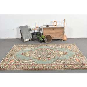 Classic Aubusson Pattern Wool <b>Rug</b> 5.7 X 9.2 ft <b>Traditional</b> Green Beige Vintage Turkish Design Latex for Living Room Hallway - Product Image 1