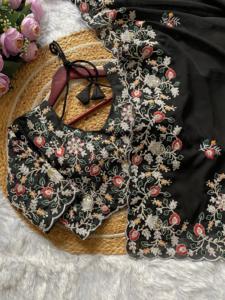 Tela Georgette suave pesada en bordado C-Pallu Multi hilo Codding y trabajo de secuencia Sari negro para ropa de fiesta de boda - Product Image 5