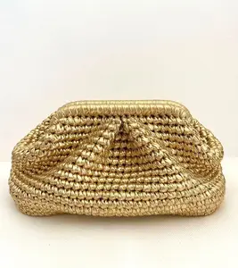 Bolso de mano de ganchillo metálico dorado brillante, Bolso pequeño, mediano y grande, bolso de mano de fiesta de boda de punto de noche