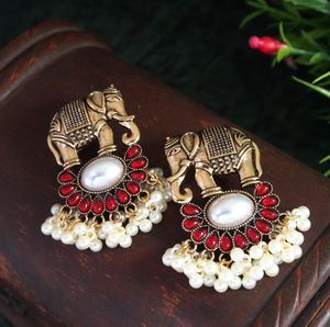 Traditional Classic Ethnic Elegant Fashion <b>Dangle</b> <b>Earrings</b> Stylish Trendy Antiqued Pearl & <b>Gold</b> Plated Elephant Design Artwork - Product Image 3