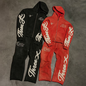 ชุดวอร์มผ้าฝ้ายหนาสไตล์สตรีทแวร์สำหรับผู้ชายชุดเสื้อมีฮู้ดและกางเกงวอร์มสองชิ้นปักลายซีดจางพิมพ์ตามสั่ง - Product Image 1