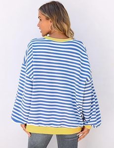 Femmes surdimensionné rayé col rond sweat à manches longues décontracté ample chemise d'entraînement haut d'hiver avec couleur unie bloc pull - Product Image 2
