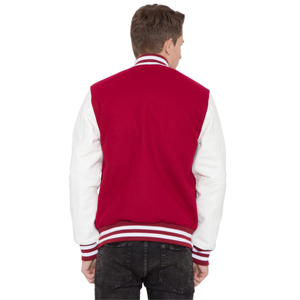 Veste universitaire en cachemire 100% et manches en cuir de vache véritable, rouge rose et blanc - Product Image 4