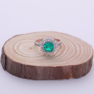 IGI Certified Cushion Cut Emerald Halo Diamond Ring in <b>Solid</b> 925 Sterling <b>Silver</b> - Product Image 6