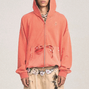 Sudadera con Capucha para Hombre, Estilo Vintage, Holgada, con Bolsillo Tipo Canguro, Hombros Caídos, Manga Larga, Estampada, Desgastada, con Cierre - Product Image 1