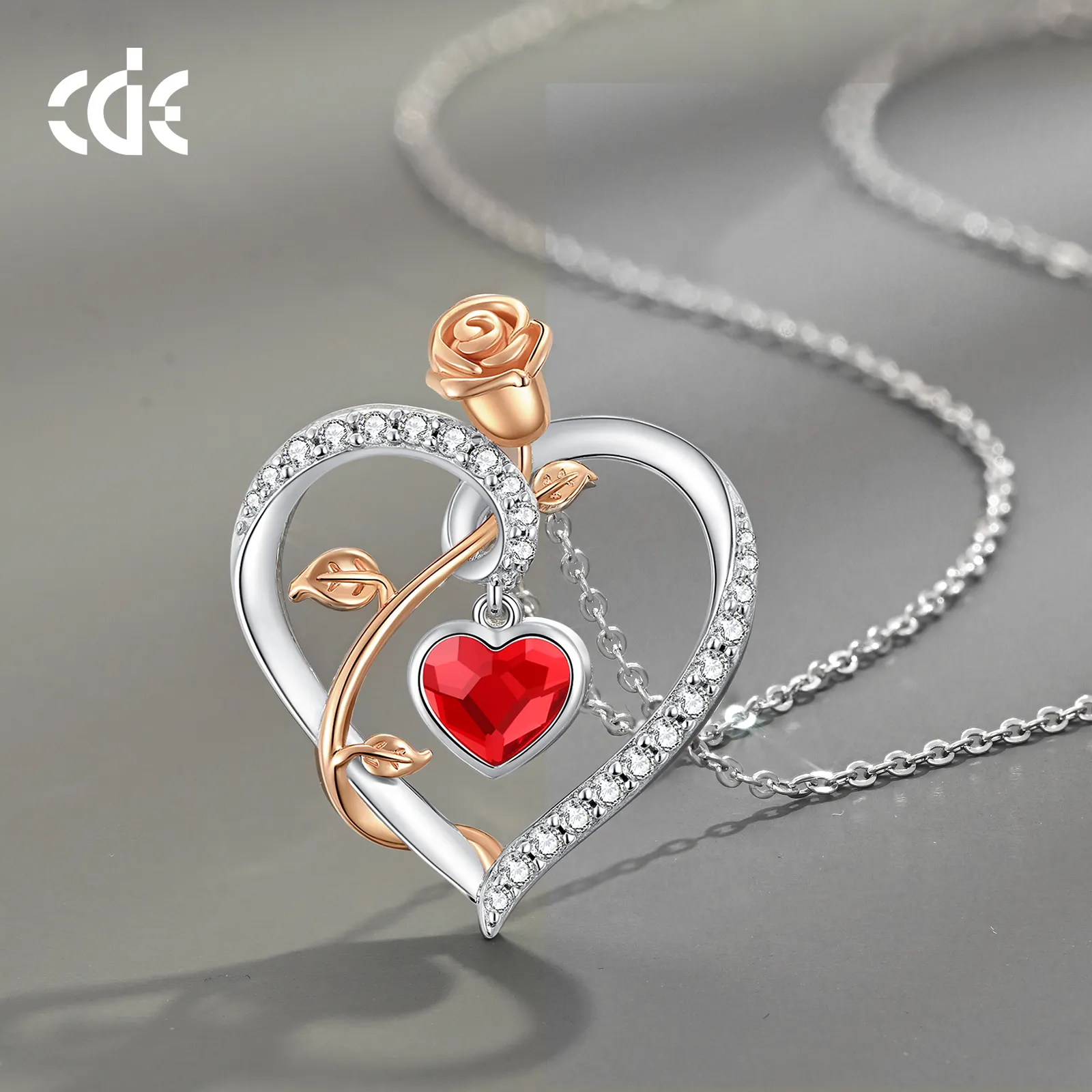 CDE SSYN001 güzel takı 925 ayar gümüş taş kırmızı kristaller zirkonya kolye ile toptan gül çiçek tasarım kolye
