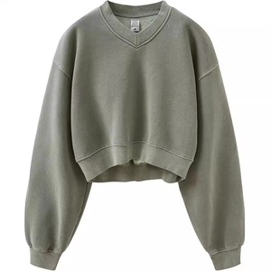 Retro Washed Plus Velvet V-cuello suéter europeo y americano Ins Hot Girl Short Hip-hop mujeres sudaderas con capucha y sudaderas - Product Image 5