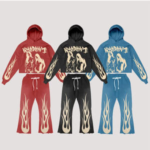 Streetwear personnalisé en détresse brodé Patch strass fermeture éclair à capuche et pantalon de survêtement ensemble hommes lavage à l'acide survêtement - Product Image 3