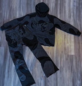 Custom High Quality Acid Wash 100% Cotton Streetwear Distressed Embroidered Patch Tracksuits Pullover Hoodie and <b>Sweatpants</b> <b>Set</b> - Product Image 3