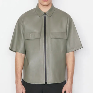 Camisa informal con logotipo personalizado, camisa de piel sintética OEM, nueva moda moderna, manga corta, hombros caídos, bolsillos de gran tamaño, camisa con cremallera - Product Image 2