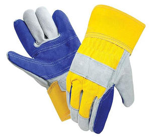 Guantes de cuero de doble palma Brazalete DE SEGURIDAD Amarillo y azul El cuero dividido Premium proporciona durabilidad y protección superiores - Product Image 1