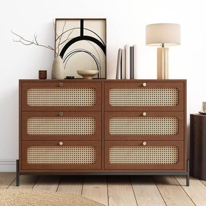 Commode Boho moderne 6 tiroirs en rotin couleur noyer clair et pieds en métal pour commode industrielle en bois d'acajou véritable pour chambre à coucher - Product Image 4
