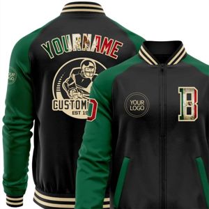 OEM Custom Manufacturing Whole Black Vintage Mexican Flag Kelly Green-<b>Neutral</b> Bomber Varsity Letterman Two Tone Zipper Jacket - Product Image 5