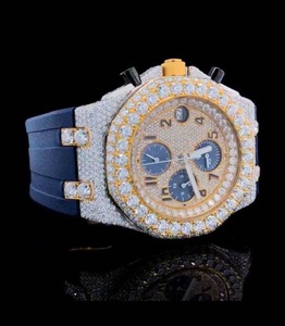 นาฬิกาเพชรแบบ Iced Out, นาฬิกาโครโนกราฟสายซิลิโคนสีน้ำเงิน, นาฬิกาอัตโนมัติ, นาฬิกาหรูสำหรับผู้ชาย, นาฬิกาควอตซ์เพชร - Product Image 1