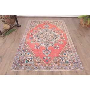 Turkish Vintage Rug, 4.2x6.3 ft Area Rug, <b>Red</b> Blue Ombr <b>Wool</b> Rug - Product Image 1