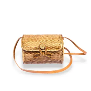 Stylish Beach Rattan Bag - Round Cylinder Handwoven Bag with Leather Strap for Women- Bohemian Woven Rattan Purse