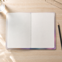 Carnet de notes LABON personnalisé à géométrie abstraite, reliure cousue apparente, pages à grille de points, couverture violet, orange, menthe