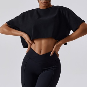 Streetwear personnalisé polyester coton haut court t-shirt le plus populaire bonne qualité femmes épaule tombante surdimensionné haut court t-shirts - Product Image 5