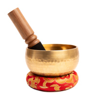 Bol chantant tibétain antique en laiton, avec mallette en bois et coussin, motif gravé, objet d'art et de collection, fabriqué au Népal