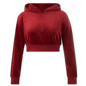 2026 Women's Cropped <b>Hoodie</b> Heavyweight <b>Velour</b> Plain Velvet Pullover Sweatshirt Elastic Hem Custom Logo Solid Blank Warm Badge - Product Image 4