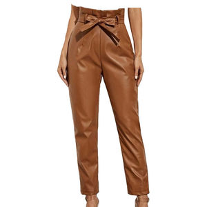 Pantalon en cuir pour femme personnalisé, hiver, automne, élégant, marron, ceinture, taille haute, design de qualité supérieure, mode moderne, pantalon en cuir pour femme - Product Image 1