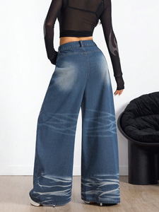 Pantalones Vaqueros de Mezclilla de Diseño Único y Moderno, Pantalones Anchos y Holgados de Pierna Recta para Mujer - Product Image 2