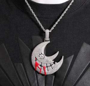 Collar con colgante de sangre de Luna grande Iced Out, colgante de Luna 3D Micro Pave, joyería gótica de Hip Hop con diamantes CZ, joyería para hombres - Product Image 3
