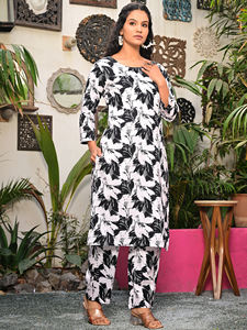 Salwar Kameez pour femmes en coton ethnique noir et blanc imprimé abstrait à séchage rapide, longueur mollet, 1 ensemble pour les fêtes - Product Image 3