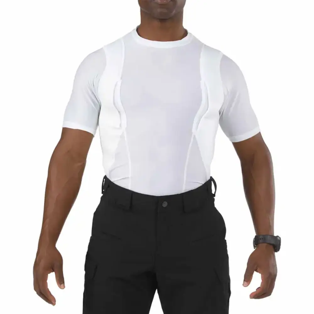 흰색 폴리 에스터 짧은 소매 총 보유 전술 티셔츠 압축 은폐 캐리 의류 홀스터 셔츠