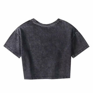 Women's Summer Distressed <b>Black</b> Breathable T-<b>Shirt</b> Crop Top Vintage Letters Embroidery O Neck Acid Washed Jersey Solid T <b>shirt</b> - Product Image 5