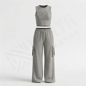Ensemble de survêtement deux pièces pour femmes, haut court sans manches en molleton de coton de qualité supérieure, pantalon cargo ample avec poches latérales, vêtements de sport - Product Image 1