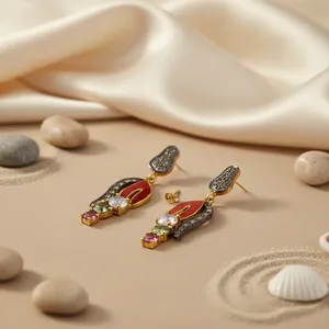 Boucles d'oreilles pendantes de luxe plaquées or 14 carats, pierres précieuses multicolores, boucles d'oreilles à gouttes pour mariage, avec perle de coquillage, diamant principal - Product Image 3