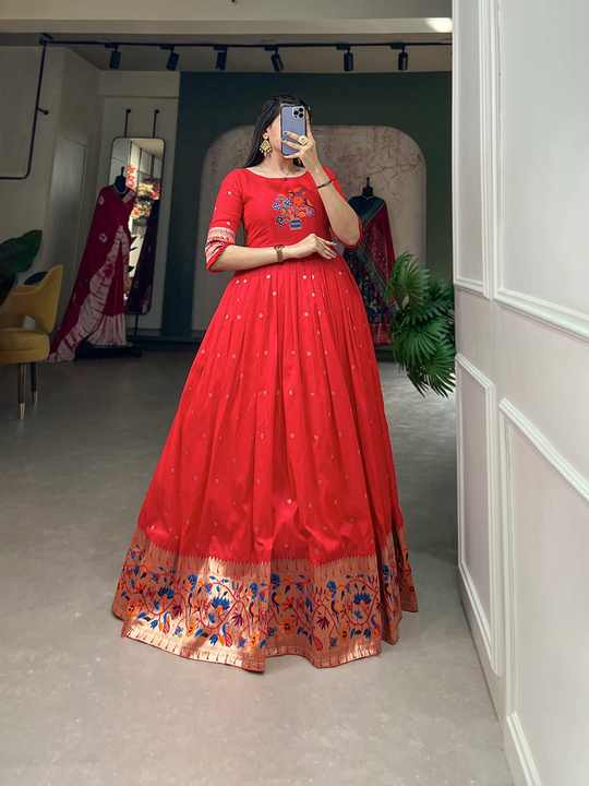 Unique Festive Anarkali Gown Crafted in Luxurious Silk with Rich Golden Motif Designs Accessible at Reasonable Price