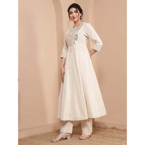 DEEBACO Mirror Embroidered Neck Patch Solid Cotton Long Anarkali Kurta Palazzo Co-ord <b>Set</b> Women's Stylish Front Slit Breathable - Product Image 3