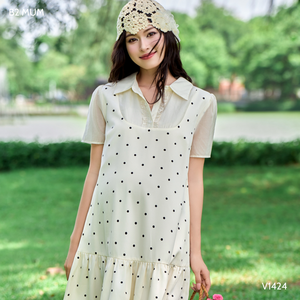V1424 Robe de maternité à pois en queue de poisson Tissu doux et frais absorbant la sueur Poches latérales Boutons élastiques réglables pour les femmes enceintes - Product Image 3